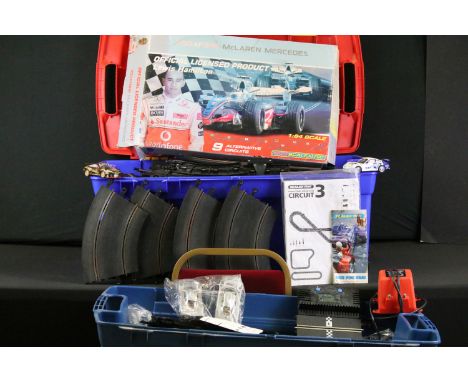 Large quantity of Scalextric to include quantity of track, power units, slot cars, boxed Track Extension Pack and boxed Micro