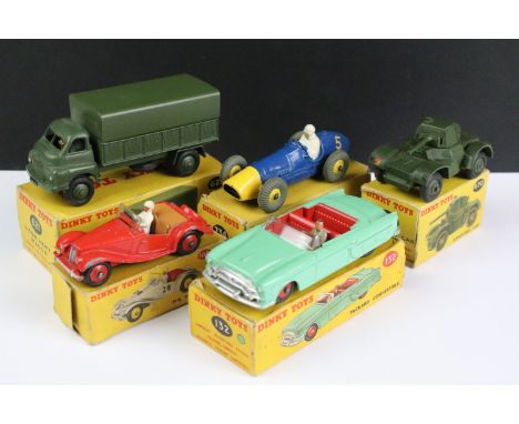 Five boxed Dinky diecast models to include 621 3-Ton Army Wagon, 108 MG Midget Sports in red with correct colour spot, 132 Pa