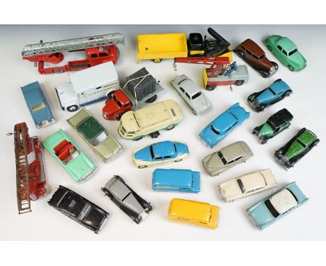 25 Mid 20th C Dinky diecast models to include 2 x 156 Rover 75 (One in blue and cream and one in light green and dark green),