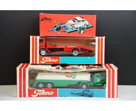 Three boxed Tekno early issue haulage diecast models to include 920 Ford D800 Recovery Fire Truck ‘Falk Zonen in red body, 48