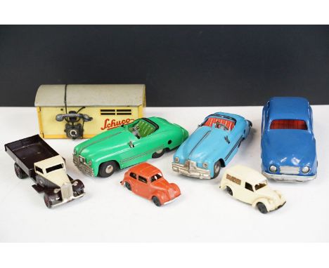Six clockwork plastic and tin plate models to include 5 x Triang Minic examples featuring flatbed truck in brown, streamlined
