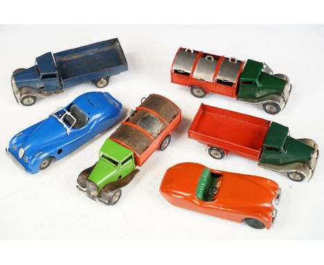 Five clockwork tin plate models to include 4 x Triang Minic Toys models featuring Refuse Truck in dark green and red, Refuse 