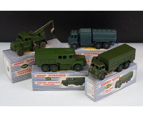 Four boxed Dinky Supertoys military models to include 661 Recover Tractor, 642 Pressure Refueller, 622 10 Ton Army Truck and 