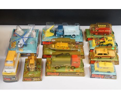 Ten boxed Dinky diecast models to include 439 Ford D800 Snowplough &amp; Tipper Truck, 724 Sea King Helicopter, 437 Muir Hill