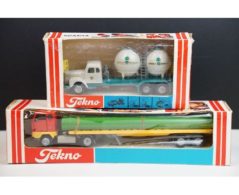 Two boxed Tekno early issue haulage diecast models to include 426 Volvo FB88 Pipe Trailer with red cab and yellow chassis and