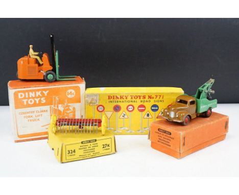 Four boxed Dinky diecast models to include 14C Coventry Climax Fork Lift Truck, 25X Breakdown Lorry, 27K Hay Rake and 771 Int