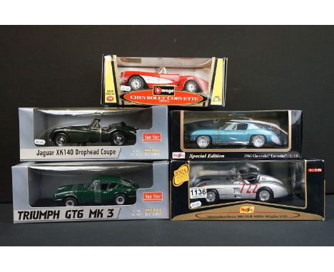 Five boxed 1/18 scale diecast models to include 2 x Maisto models featuring Premiere Edition Mercedes-Benz 300SLR Mille Migli