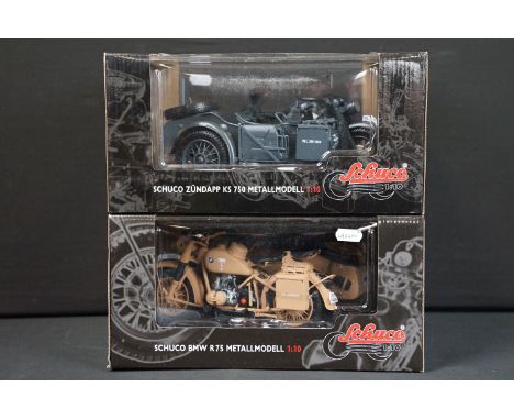 Two boxed 1/10 scale Schuco diecast military model motorcycles to include BMW R75 with sidecar German Africa Corps 1940-1944 