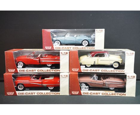 Five boxed 1/18 scale Motor Max diecast models to include 1950 Chevy Bel Air, 1958 Chevrolet Impala, 1960 Chevrolet Impala, 1