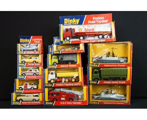 13 Boxed Dinky diecast models to include 266 ERF Fire Tender, 226 Ferrari 312/B2 Racing Car, 442 Land Rover Breakdown Vehicle