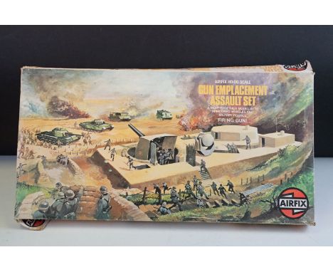 Boxed Airfix HO-OO Scale Gun Emplacement Assault Set, appearing complete, with 2 x boxed WWII British Infantry, military vehi