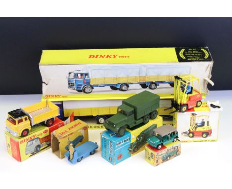 Six boxed diecast models to include 5 x Dinky models featuring 917 Mercedes Benz Truck and Trailer, 342 Austin Mini-Moke, 400