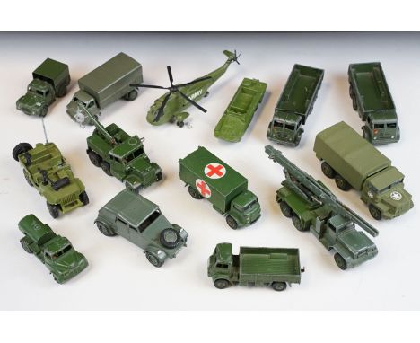 Collection of 14 Dinky military diecast models to include Berliet Gazelle, 665 Honest John missile launcher, Volkswagen KDF, 