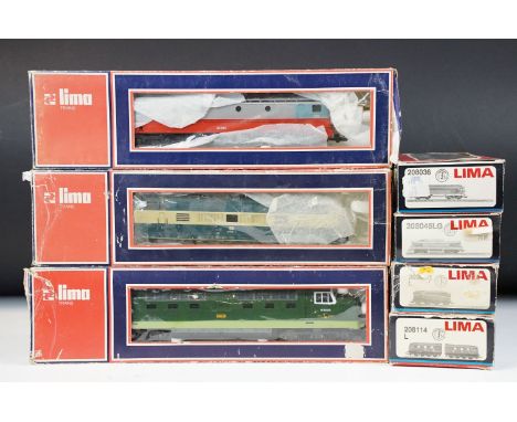 Seven boxed Lima OO gauge locomotives to include 208045LG, 208036, 2030, 208114L, Meld D9003, 5105 and 5104W, a few tatty box