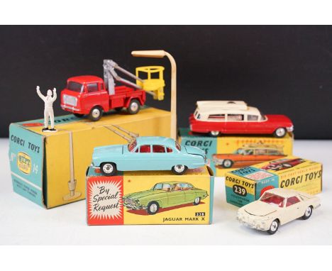 Four boxed Corgi diecast models to include 239 Volkswagen 1500 Karmann Ghia in cream with red interior, with silver concave h