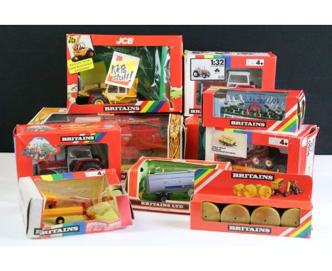 Ten boxed Britains 1/32 scale farming diecast models to include 9570 Massey Ferguson Combine Harvester, 9545 Vaderstad EV620 