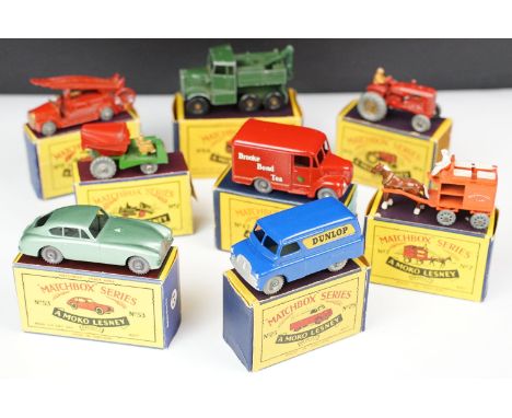 Eight boxed Matchbox Series Moko Lesney diecast models to include 4 Tractor, 47 Trojan Brooke Bond Tea Van (Replacement end f