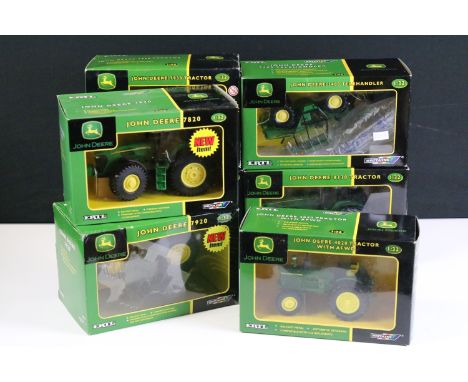 Seven boxed Britains 1/32 scale John Deere farming diecast models to include 42266 John Deere 7930 Tractor, 15525 John Deere 