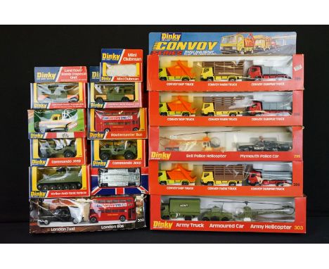 15 Boxed Dinky diecast models to include 3 x 399 Convoy Series Skip Truck, Farm Truck and Dumper Truck, 303 Commando Squad Ar