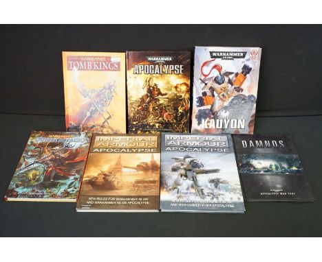 War Gaming - Seven Games Workshop Warhammer reference books to include Apocalypse, Kauyon, Tomb Kings, Storm Of Magic, Imperi