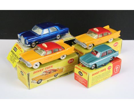 Four boxed Dinky diecast models to include 265 Plymouth USA Taxi, 134 Triumph Vitesse, 266 Plymouth Canadian Taxi and 160 Mer