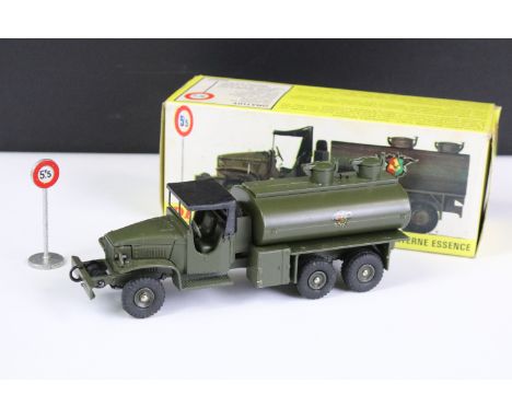 Boxed French Dinky 823 Camion G.M.C Militaire Citerne Essence in military green with black plastic roof and military green hu