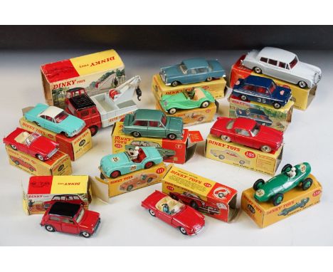 13 Boxed Mid 20th C Dinky diecast models to include 214 Hillman Imp Rally Car, 112 Austin Healey Sprite, 434 Bedford TK Crash