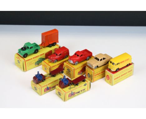 Seven boxed Dinky Dublo diecast models to include 2 x 076 Lansing Bagnall Tractor &amp; Trailer, 065 Morris Pick-Up, 061 Ford