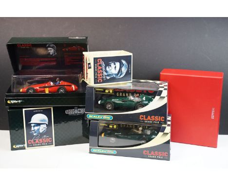 Four boxed Scalextric slot cars to include C2663 Vanwall F1 1958 No.4, C2552 Vanwall F1 1957 No.10, C2551A ltd edn Maserati 2