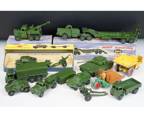 Three boxed Dinky military diecast models to include 660 Tank Transporter, 661 Recovery Tractor and 697 25-Pounder Field Gun 