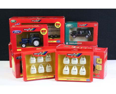 Nine boxed Britains 1/32 scale farming diecast models to include 4060 Land Rover Freelander, 40547 Land Rover Defender 90, 42