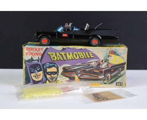 Boxed Corgi 267 Batmobile diecast model with both Batman &amp; Robin figures, secret instructions, additional paperwork and 2