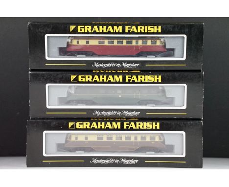 Three cased Graham Farish by Bachmann N gauge locomotives to include 371-627A BR(WR) Railcar, Crimson &amp; Cream white cab r