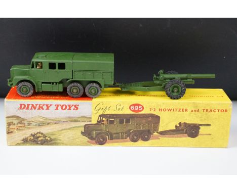 Boxed Dinky Military Gift Set 695 7.2 Howitzer and Medium Artillery Tractor in military green with figure driver, diecast vg 