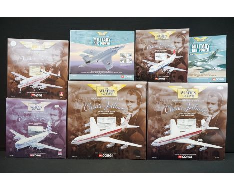 Seven boxed Corgi Aviation Archive diecast model planes to include 5 x 1/144 scale AA32902 Classic jetliners Trans World Airl