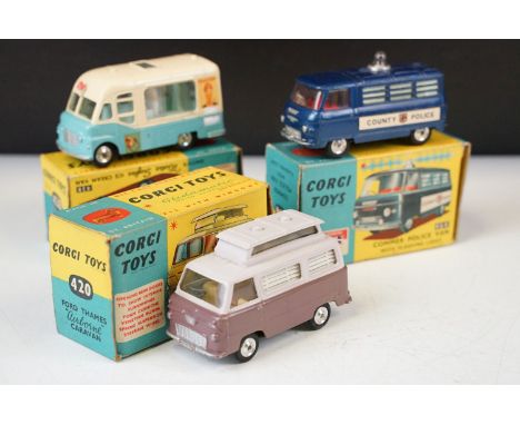 Three boxed Corgi diecast models to include 420 Ford Thames Airborne Caravan in two-tone mauve and pale lilac body with silve