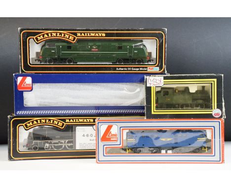Five boxed OO gauge locomotives to include 2 x Palitoy Mainline (37-074 4-6-0 Jubilee Class 5XP LMS black &amp; 37-064 Type 4