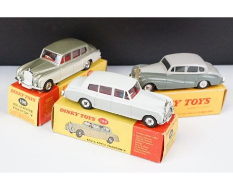 Three boxed Dinky Rolls Royce diecast models to include 551 Silver Wraith in two tone grey, and 2 x 198 Phantom V variants in