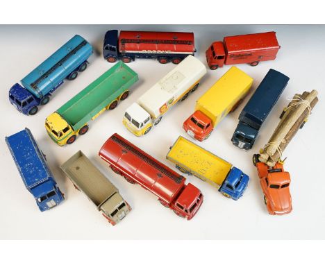 12 Mid 20th C Dinky diecast models to include Foden Fuel Tanker in Two-Tone light blue and dark blue with light blue side fla