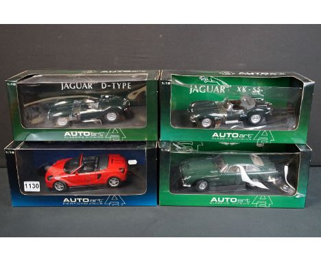 Four boxed AutoArt 1/18 scale diecast models to include 3 x Classics Division models featuring 73561 Jaguar D Type Short Nose