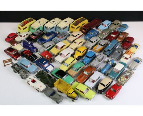 57 Mid 20th C play worn Dinky diecast models to include 183 Fiat 600, 111 Triumph TR2, 161 Austin Somerset, 167 AC Aceca etc 