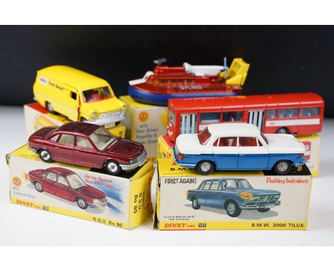 Five boxed Dinky diecast models to include 290 SRN6 Hovercraft, 176 NSU Ro 80, 157 BMW 2000 Tilux, 407 Ford Hertz Transit Van