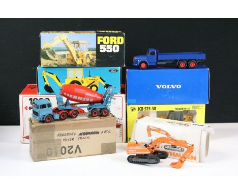 Six boxed construction diecast models to include NZG No. 130 Ford 550 Tractor Backhoe Loader yellow/black, NZG No. 161 Ford 5