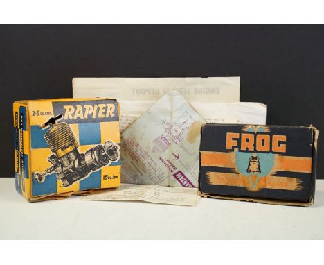 Three boxed and unboxed model engines to include boxed Frog 150 Mk II 1.49cc Type R Competition Diesel Engine with manual and