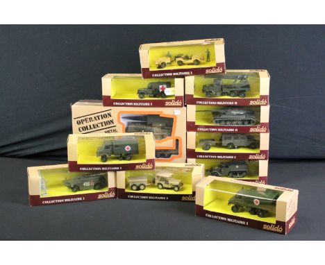 10 Boxed Solido Les Militaires diecast models to include sealed AMX 30 "Pluton" Transporteur T12, No.6046 Mercedes Ambulance,