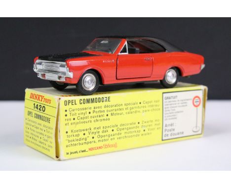 Boxed French Dinky 1420 Opel Commodore diecast model with red body, black bonnet and black vinyl roof with black interior and