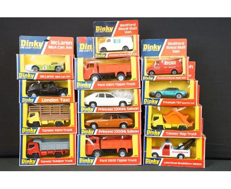 13 Boxed Dinky diecast models to include 211 Triumph TR7 Sports Car, 2 x 440 Ford D800 Tipper Truck, 442 Land Rover Breakdown