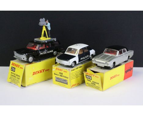 Three boxed French Dinky diecast models to include 281 Pathe News Camera Car in black with red interior and cameraman plastic