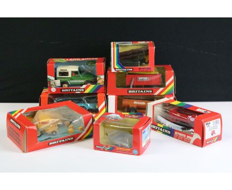 Eight boxed Britains 1/32 scale farming diecast models to include 6512 Farm Land Rover, 9412 Log Sled, 9410 Logic CT 700 Trai