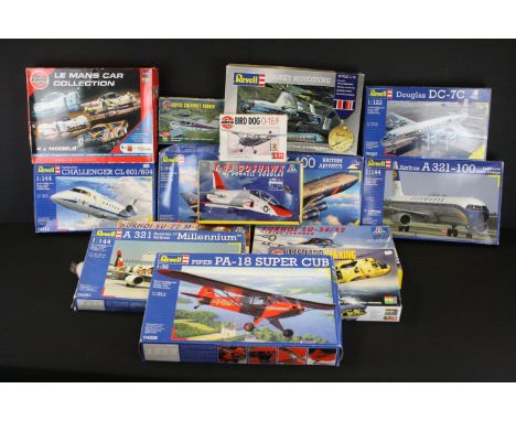 14 Boxed plastic model kits to include 7 x Revell (Douglas DC-7C, A321 Millennium, Fairey Rotodyne, Challenger CL601/604, etc